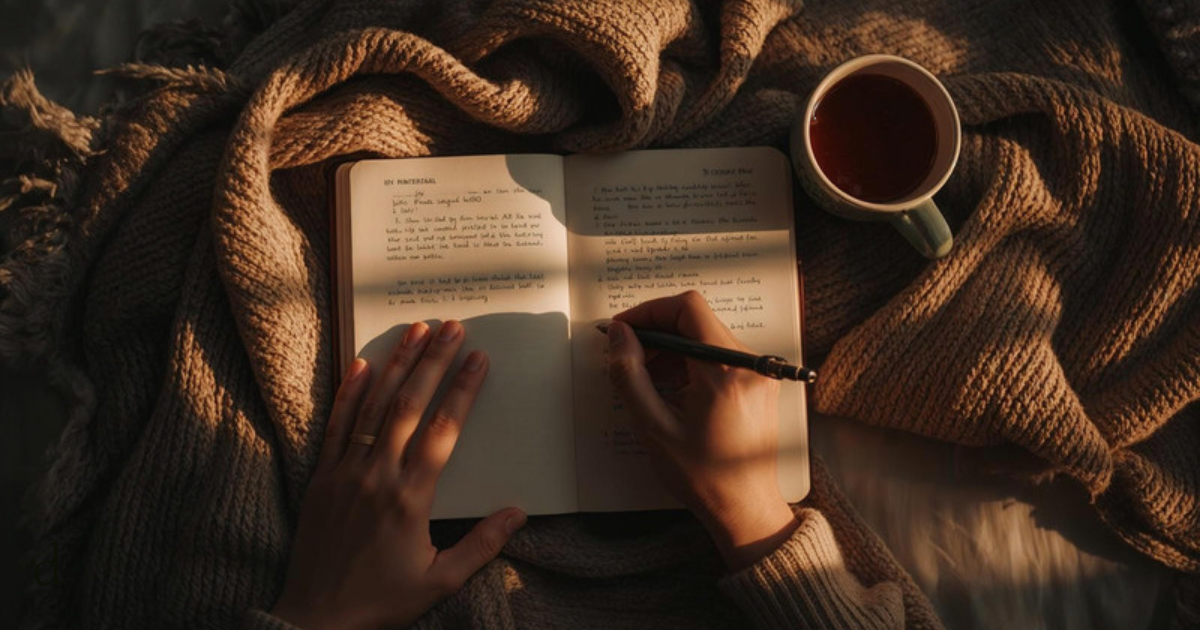 Person journaling by hand with a cup of tea, reflecting during microdosing coaching